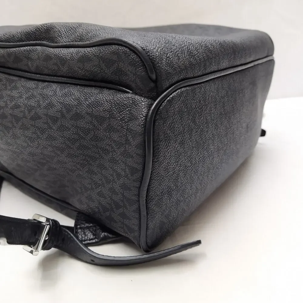 Michael Kors Black Coated Canvas Leather Trim MK Printed Zipper Backpack